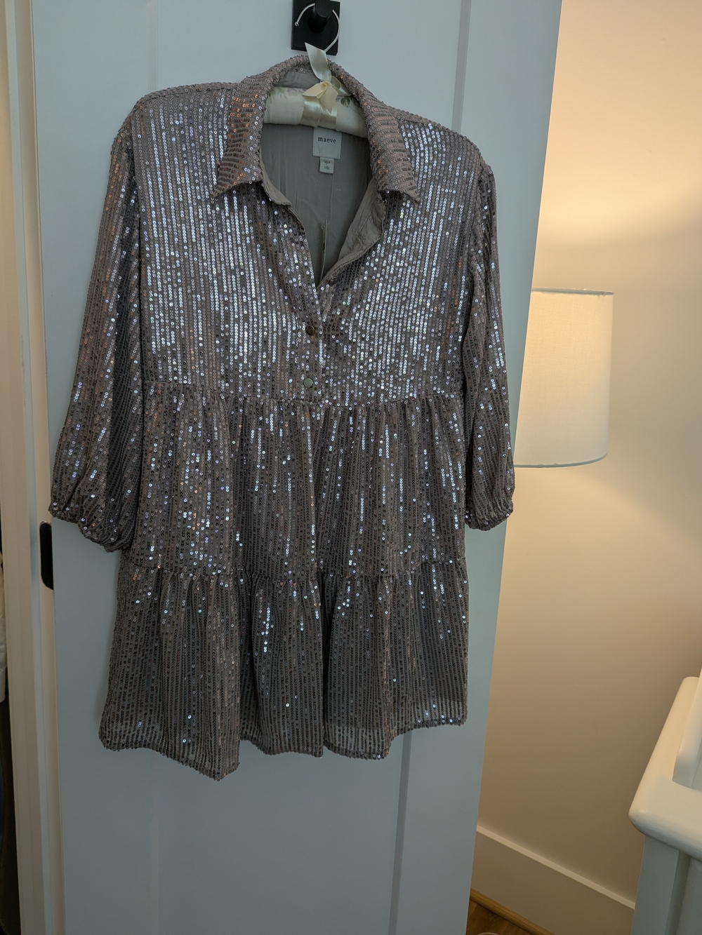 Anthropologie MAUVE Taupe Sequin Tiered Mini Dress